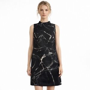 AKRIS Black Marble Jacquard Wool Dress Sleeveless Mock Neck US 14